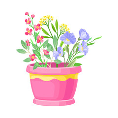Different Flowers and Twigs Put in Pot Isolated on White Background Vector Illustration