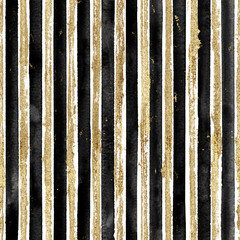 Abstract grunge seamless pattern with golden glittering acrylic paint stripes on black and white striped background