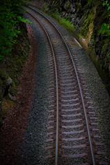 Fototapeta premium Train tracks direction to the high mountains.