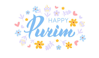 Happy Purim hand drawn lettering text. Jewish Holiday greeting card. Blue modern calligraphy with flat flowers. Typography design for card, poster, logo. Vector illustration isolated on white