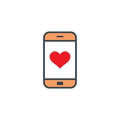 heart like red on screen smartphone icon in flat design on white background