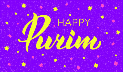 Happy Purim hand drawn lettering text. Jewish Holiday greeting card. Yellow text on purple background. Typography design for card, poster, logo. Vector illustration with stars. EPS 10