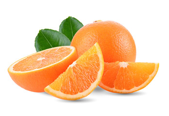 Fototapeta na wymiar Ripe half of orange citrus fruit with leaf isolated on white background