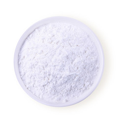 bowl of flour isolated on white background, top view