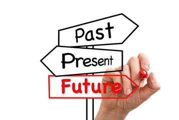 Past, present, future signpost on a whiteboard