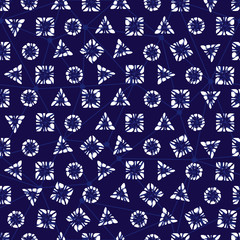 Vector blue shibori elegant triangle square circle polka dot seamless pattern with lines background. Suitable for textile, gift wrap and wallpaper.