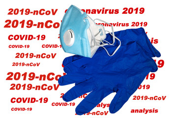 Medical mask and medical gloves on the background of the text: 2019-nkov, 2019 coronavirus,...
