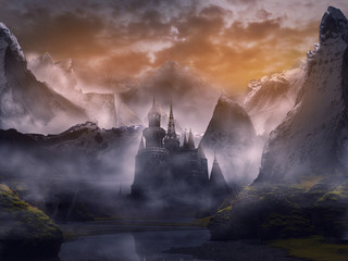 sunset in the mountains with castle fantasy