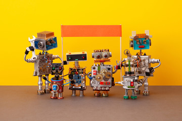 Manifestation robots or meeting, rally to protect democratic rights, interests. Male and female...