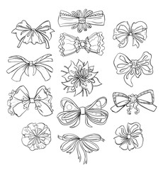 Fashion bows set in different styles. Isolated on white background. Black and white hand drawn vector illustration