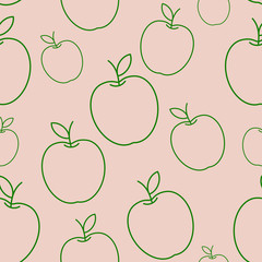 Vector seamless pattern.Cute Doodle on pink background. Apple with a green outline