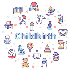 Birth of a child color linear vector icons set. Editable stroke.