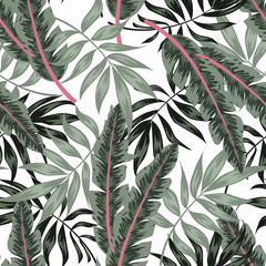 Colorful seamless pattern with tropical leaves on a light background. Trendy hand drawn textures. Exotic wallpaper, Hawaiian style. Vector background for various surface.