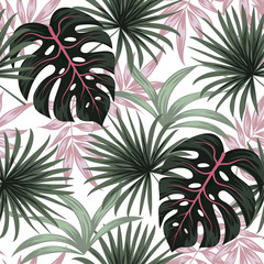Nahtloses Trendmuster mit tropischen Pflanzen und Blättern in rosa Tönen. Illustration im hawaiianischen Stil. Dschungelblätter. Botanisches Muster. Vektorhintergrund für verschiedene Oberflächen. Exotische Tapete.