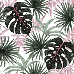 Keuken foto achterwand Tropische bladeren Trend naadloos patroon met tropische planten en bladeren in roze tinten. Illustratie in Hawaiiaanse stijl. Jungle bladeren. Botanische patroon. Vectorachtergrond voor diverse oppervlakte. Exotisch behang.
