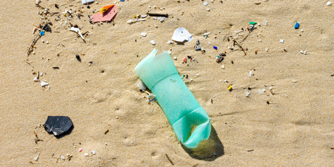 beach empty used dirty plastic bottle sea sandy shore environmental pollution and ecological problem