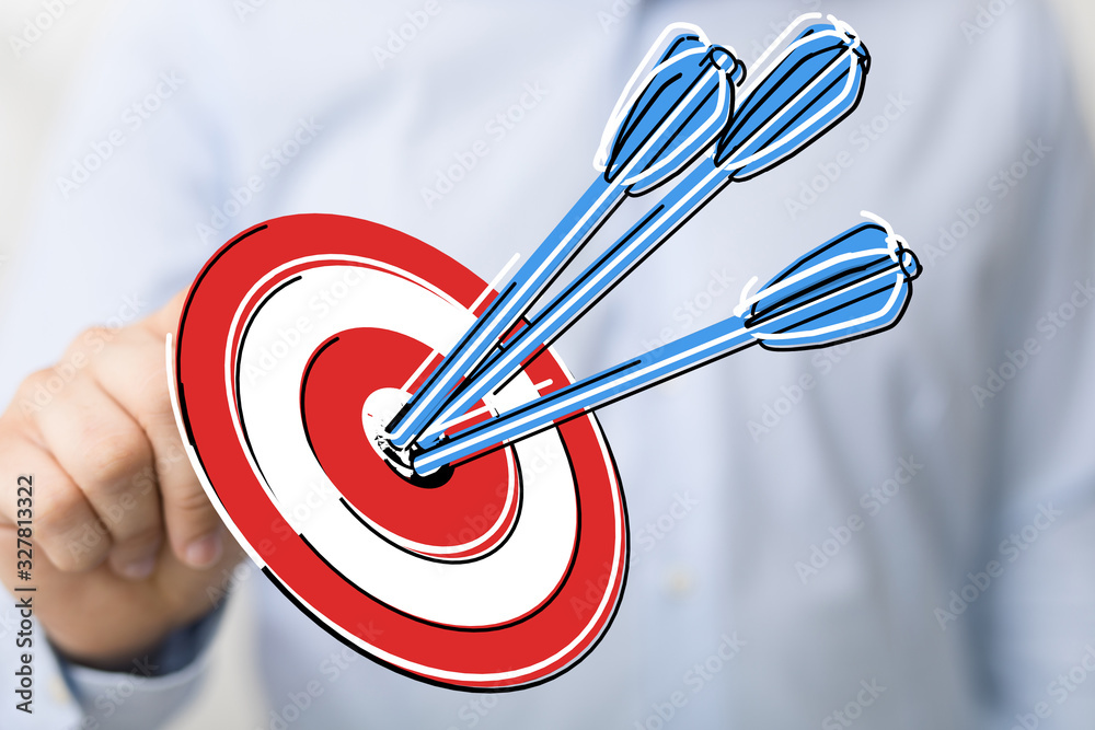 Poster  makes a dart throw on the target. The concept of persistence in business..