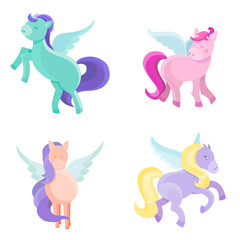 Vector set of pegasus. Magical animals in cartoon style.