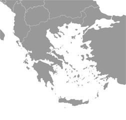 Vector modern illustration. Simplified map of Greece (Hellenic Republic). Border with nearest states (Bulgaria, Turkey, North Macedonia and etc). White background of seas