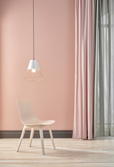 Pink room interior concept, curtain, white lamp and chair decor.