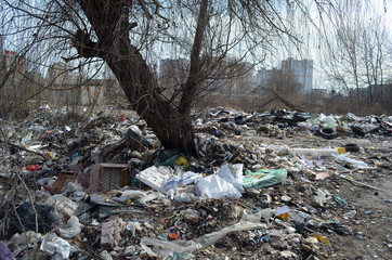 Spring landscape.Ecology of Ukraine. Nature near Ukrainian capital. Environmental contamination. Illegal junk dump. Kiev,Ukraine