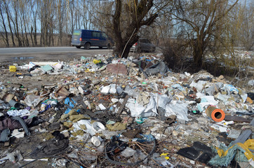 Spring landscape.Ecology of Ukraine. Nature near Ukrainian capital. Environmental contamination. Illegal junk dump. Kiev,Ukraine