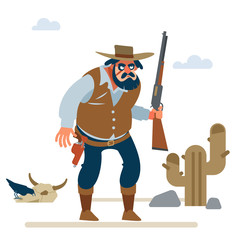 Big cowboy in the old wild west on white background. Vector flat cartoon illustration