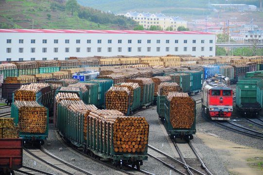 Russian train carrying  logs entered the Suifenhe railway station,Heilongjiang provence,China