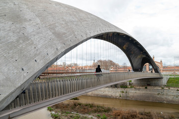 Strange bridge over the Manzanares River in Madrid Rio
