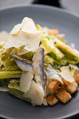 Caesar Salad. Grilled Romaine lettuce leaves topped with classic Caesar salad dressing and garnished with butter garlic croutons shaved parmesan cheese and whole anchovies. Classic American Salad.