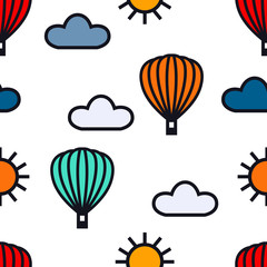 Summer time Hot air balloons, clouds and sun Seamless pattern Vector illustration