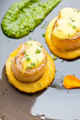 Scallops. Sea Scallops seared in brown butter sauce and garnished with a lemon sauce. 