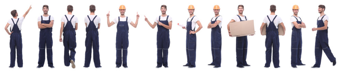 panoramic collage of skilled handyman isolated on white