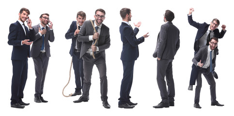 smiling businessman sitting on the back of his colleague