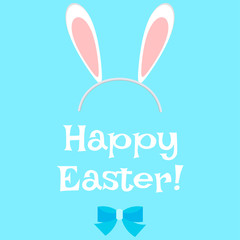 Sweet Easter bunny ears headband accessory with bow tie on blue background greeting card in cartoon flat style.