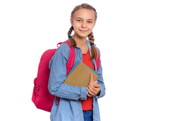 Beautiful student teen girl with backpack holding books, looking at camera. Portrait of cute smiling schoolgirl with bag, isolated on white background. Happy child Back to school. - 327820528