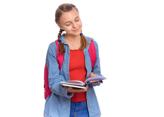 Beautiful student teen girl with backpack reading book. Portrait of cute smiling schoolgirl with bag, isolated on white background. Happy child Back to school. - 327820570