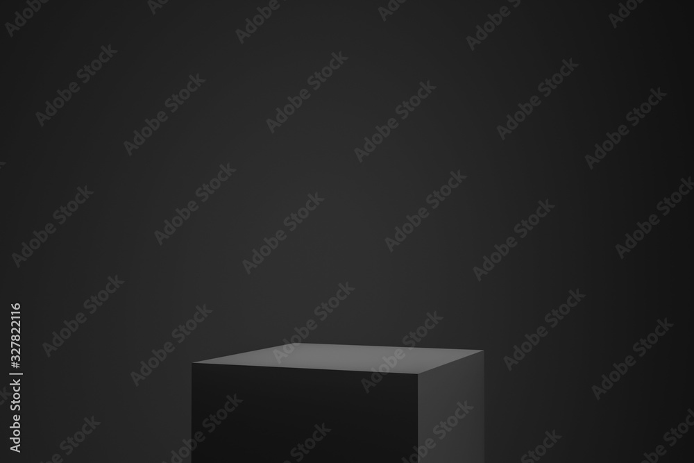 Poster Black podium or pedestal display on dark background with cube platform. Blank product shelf standing backdrop. 3D rendering.