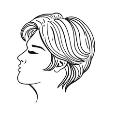Women s hairstyle short hair. Black outline on a white background. Vector graphics.