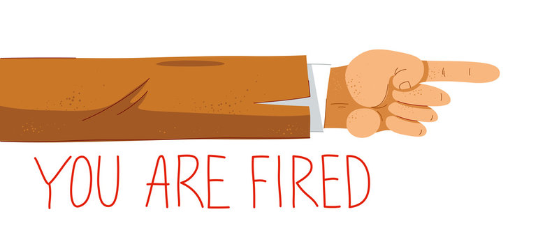 You are fired business man boss hand pointing a finger and lettering vector illustration, work loss, dismissal, end of career.