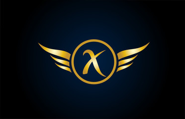 gold golden X wing wings alphabet letter logo icon with classy design for company and business