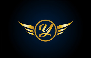 gold golden Y wing wings alphabet letter logo icon with classy design for company and business