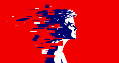 Woman profile with glitch dynamic particles in motion vector illustration, mindfulness philosophical and psychological theme, neural network, technology or psychology concept.
