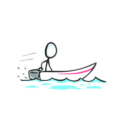 Man in motor speed boat in the sea. Boat sports and leisure. Hand drawn. Stickman cartoon. Doodle sketch, Vector graphic illustration