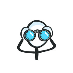 Looking into binoculars. Man spying. Looking far. Hand drawn. Stickman cartoon. Doodle sketch, Vector graphic illustration