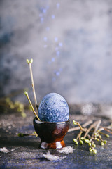 Happy easter concept. Easter painted egg in blue tones in an egg box and branches with buds on a brown background.