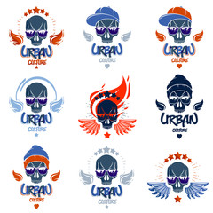 Skull in sunglasses and hat, urban theme vector logos or emblems set, gangster or thug illustrations, anarchy chaos hooligan, ghetto theme.