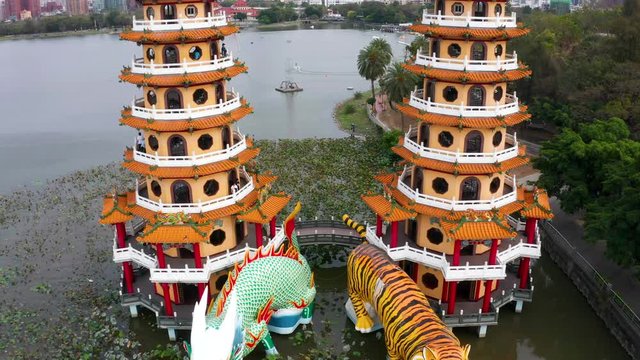 Aerial view lotus pond and  Dragon and Tiger Pagoda  , Kaohsiung, Taiwan. Asia.
