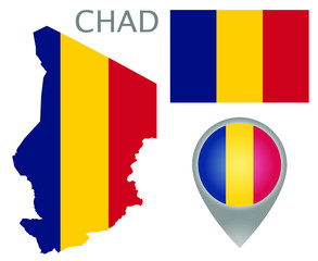 Fototapeta premium Colorful flag, map pointer and map of Chad in the colors of the flag of Chad. High detail. Vector illustration