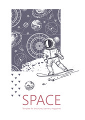 Space background. Outline astronaut, planets, satellites, flying saucers. An astronaut is snowboarding among the galaxy.